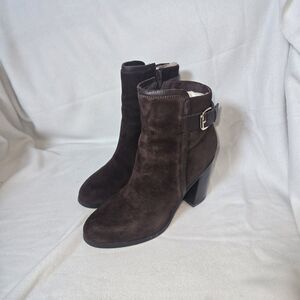 LANDS END 7 WOMEN SUEDE LEATHER SPICE BROWN ANKLE HEELED BUCKLE BOOTS